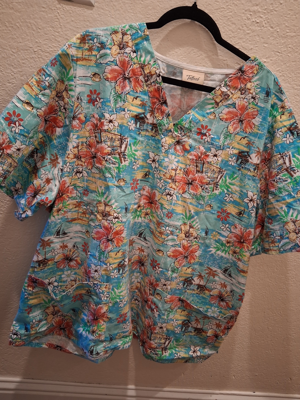 Tafford Turquoise Floral V-Neck Womans Scrub Orange Hibiscus Print Hawaiin 2xl